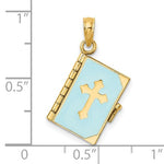 Lataa kuva Galleria-katseluun, 14k Yellow Gold Enamel Blue with Cross Bible Lord&#39;s Prayer Book 3D Pendant Charm
