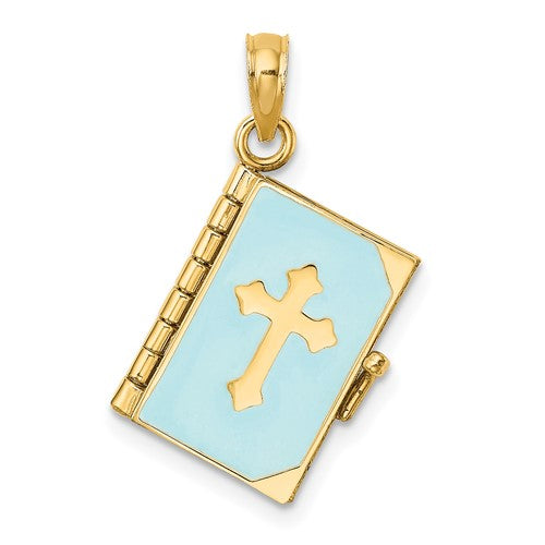 14k Yellow Gold Enamel Blue with Cross Bible Lord's Prayer Book 3D Pendant Charm