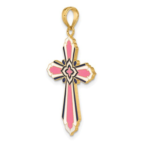 14k Yellow Gold Enamel Pink Cross 3D Pendant Charm