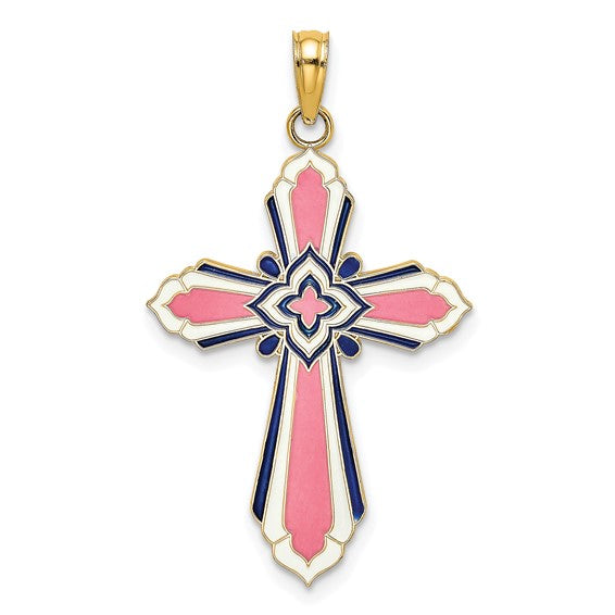 14k Yellow Gold Enamel Pink Cross 3D Pendant Charm