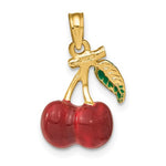 Load image into Gallery viewer, 14k Yellow Gold Enamel Red Cherries Cherry with Leaf 3D Pendant Charm
