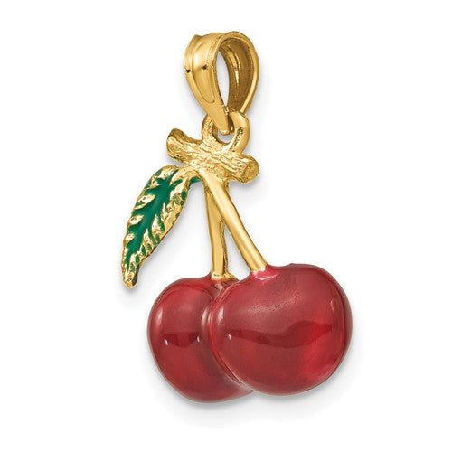 14k Yellow Gold Enamel Red Cherries Cherry with Leaf 3D Pendant Charm