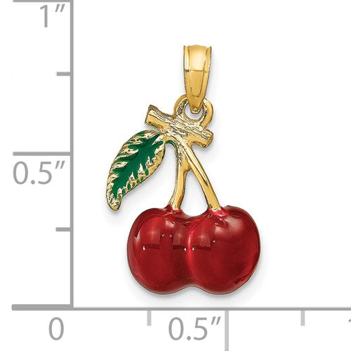 14k Yellow Gold Enamel Red Cherries Cherry with Leaf 3D Pendant Charm