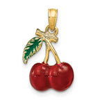 Carica l&#39;immagine nel visualizzatore di Gallery, 14k Yellow Gold Enamel Red Cherries Cherry with Leaf 3D Pendant Charm
