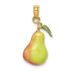 14k Yellow Gold Enamel Pear Fruit with Stem Leaf 3D Pendant Charm