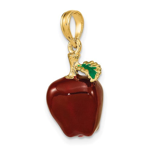 14k Yellow Gold Enamel Red Apple Fruit 3D Pendant Charm