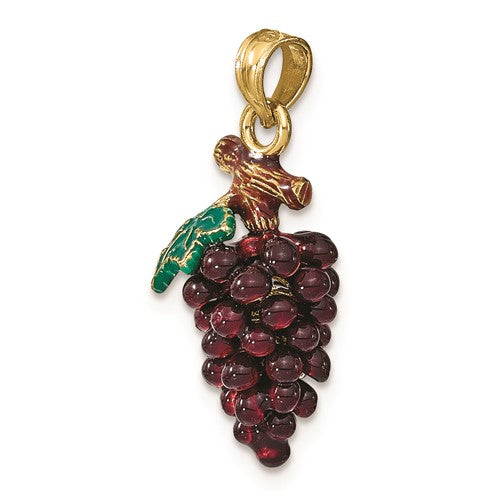 14k Yellow Gold Enamel Grapes with Stem Leaf 3D Pendant Charm