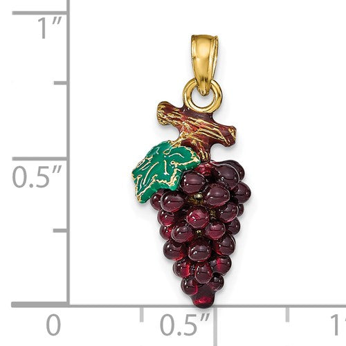 14k Yellow Gold Enamel Grapes with Stem Leaf 3D Pendant Charm