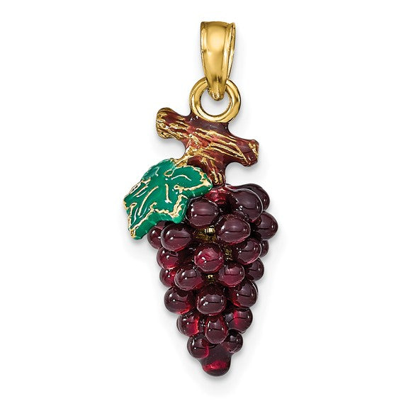 14k Yellow Gold Enamel Grapes with Stem Leaf 3D Pendant Charm