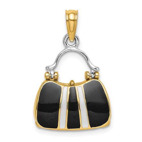 14K Yellow Gold Enamel Black White Handbag Purse 3D Pendant Charm
