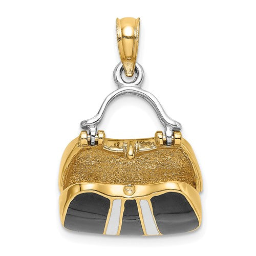 14K Yellow Gold Enamel Black White Handbag Purse 3D Pendant Charm