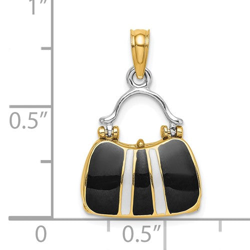 14K Yellow Gold Enamel Black White Handbag Purse 3D Pendant Charm