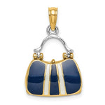Załaduj obraz do przeglądarki galerii, 14K Yellow Gold Enamel Navy Blue White Handbag Purse 3D Pendant Charm
