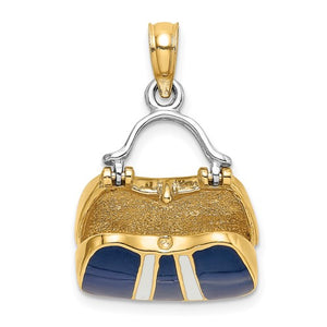 14K Yellow Gold Enamel Navy Blue White Handbag Purse 3D Pendant Charm