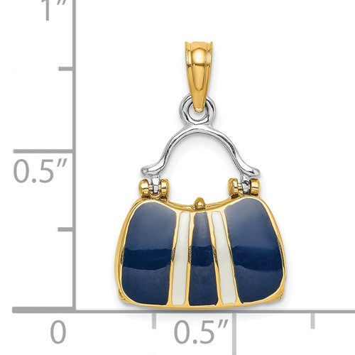 14K Yellow Gold Enamel Navy Blue White Handbag Purse 3D Pendant Charm