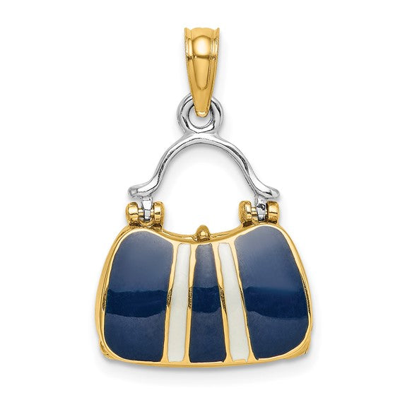 14K Yellow Gold Enamel Navy Blue White Handbag Purse 3D Pendant Charm