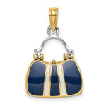 Lade das Bild in den Galerie-Viewer, 14K Yellow Gold Enamel Navy Blue White Handbag Purse 3D Pendant Charm
