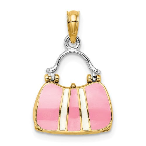 14K Yellow Gold Enamel Pink Handbag Purse 3D Pendant Charm