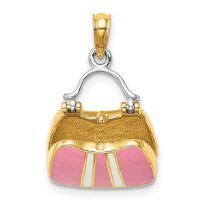 14K Yellow Gold Enamel Pink Handbag Purse 3D Pendant Charm
