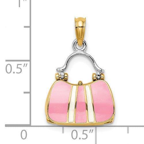 14K Yellow Gold Enamel Pink Handbag Purse 3D Pendant Charm