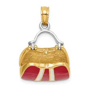 14K Yellow Gold Enamel Red White Handbag Purse 3D Pendant Charm