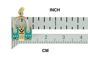 14K Yellow Gold & Rhodium 3-D Teal Enameled Opens Duffle/Purse Charm