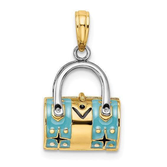 14K Yellow Gold Enamel Teal Blue Handbag Purse 3D Pendant Charm