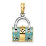 將圖片載入圖庫檢視器 14K Yellow Gold Enamel Teal Blue Handbag Purse 3D Pendant Charm
