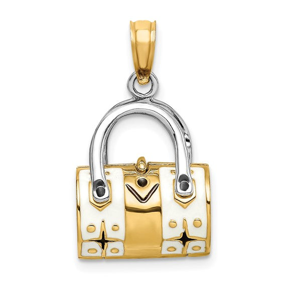 14K Yellow Gold Enamel White Handbag Purse 3D Pendant Charm