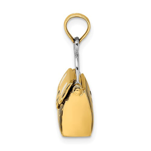14K Yellow Gold Enamel Black White Handbag Purse 3D Pendant Charm