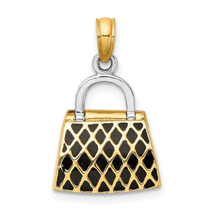 14K Yellow Gold Enamel Black White Handbag Purse 3D Pendant Charm