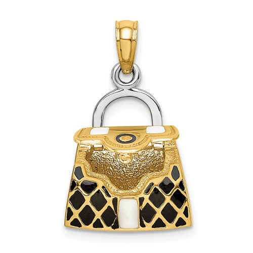 14K Yellow Gold Enamel Black White Handbag Purse 3D Pendant Charm