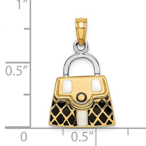 14K Yellow Gold Enamel Black White Handbag Purse 3D Pendant Charm