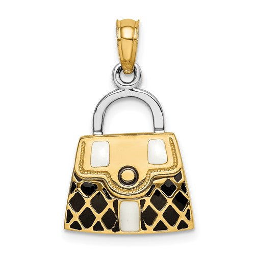 14K Yellow Gold Enamel Black White Handbag Purse 3D Pendant Charm