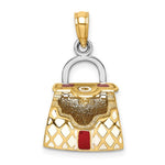 將圖片載入圖庫檢視器 14K Yellow Gold Enamel Red White Handbag Purse 3D Pendant Charm
