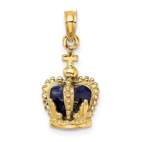 14K Yellow Gold Enamel Blue Crown with Cross 3D Pendant Charm