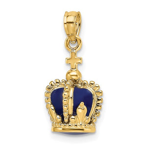 14K Yellow Gold Enamel Blue Crown with Cross 3D Pendant Charm