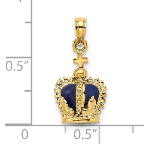 14K Yellow Gold Enamel Blue Crown with Cross 3D Pendant Charm