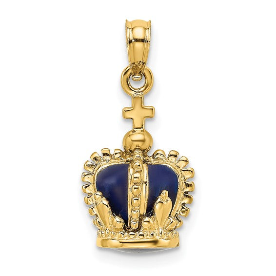 14K Yellow Gold Enamel Blue Crown with Cross 3D Pendant Charm