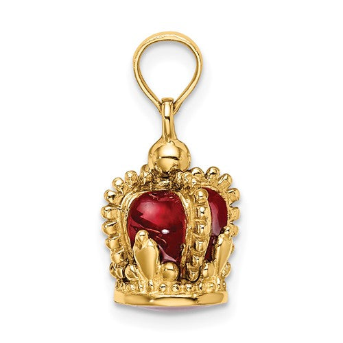 14K Yellow Gold Enamel Red Crown 3D Pendant Charm