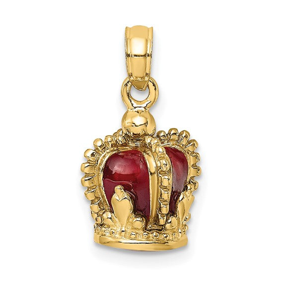14K Yellow Gold Enamel Red Crown 3D Pendant Charm