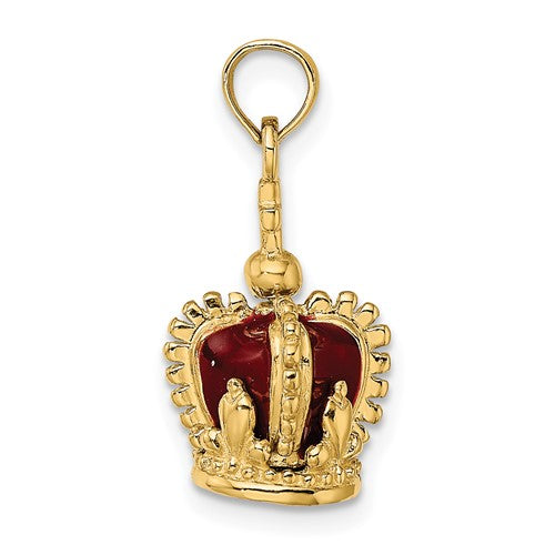 14K Yellow Gold Enamel Red Crown with Cross 3D Pendant Charm
