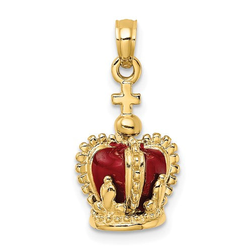 14K Yellow Gold Enamel Red Crown with Cross 3D Pendant Charm