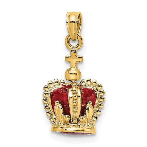14K Yellow Gold Enamel Red Crown with Cross 3D Pendant Charm