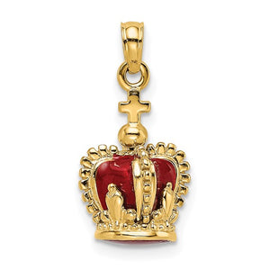 14K Yellow Gold Enamel Red Crown with Cross 3D Pendant Charm