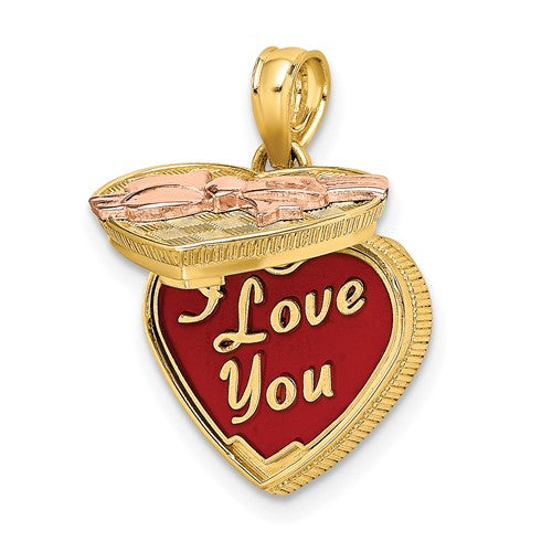 14K Yellow Rose Gold Enamel Heart Candy Chocolate Box I Love You 3D Pendant Charm