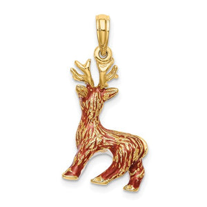 14k Yellow Gold Enamel Reindeer 3D Pendant Charm