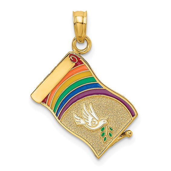 14k Yellow Gold Enamel Rainbow Peace Dove John 3:16 Book 3D Pendant Charm