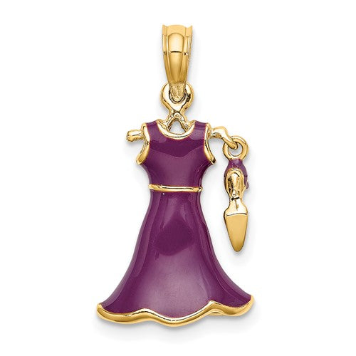 14K Yellow Gold Enamel Purple Dress High Heel Shoe 3D Pendant Charm
