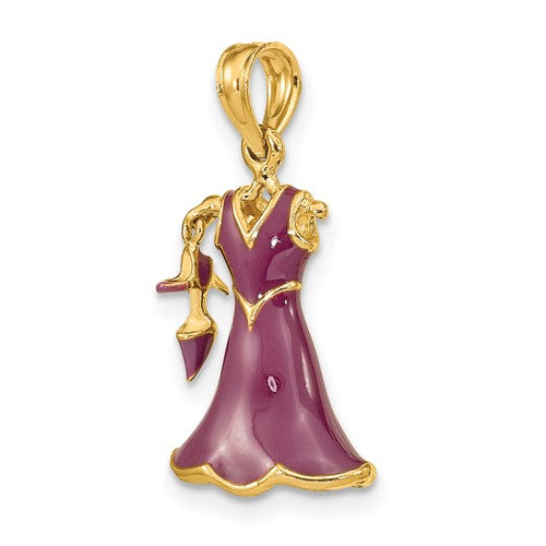14K Yellow Gold Enamel Purple Dress High Heel Shoe 3D Pendant Charm